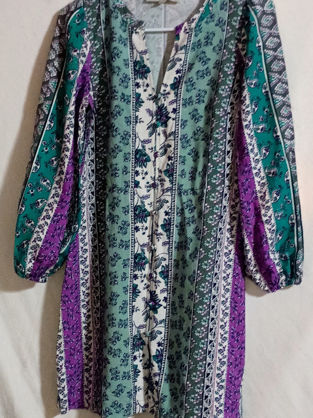 LOFT Mixed Floral Long-Sleeve Mini Dress in Teal, Purple & Cream